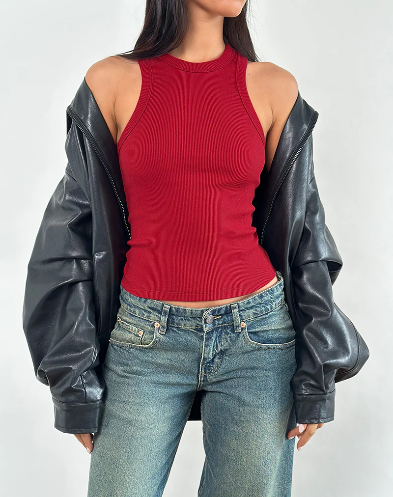 Cariter Racer Vest Top in Ribbed Adrenaline Red - Image 2