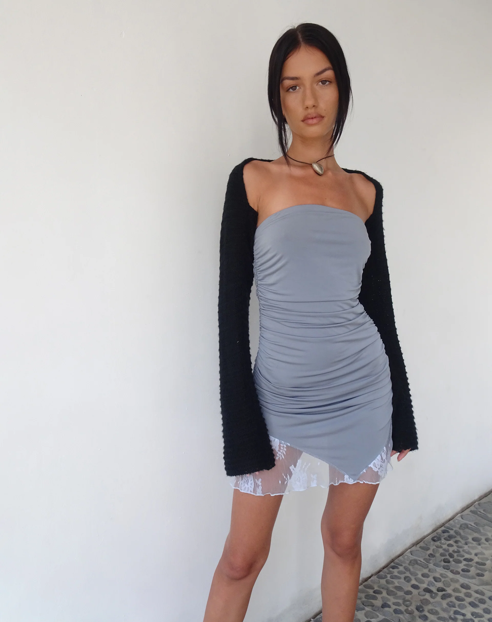 MOTEL X JACQUIE Carlie Bandeau Mini Dress in Slinky Grey - Image 3
