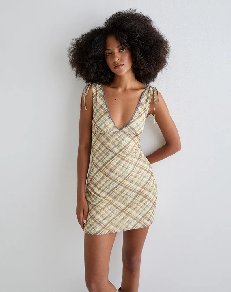 Carmila Gathered Mini Dress in Check Yellow - Image 2