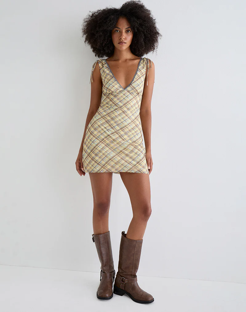 Carmila Gathered Mini Dress in Check Yellow - Image 3