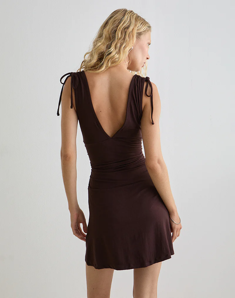 Carmila Gathered Mini Dress in Jersey Bitter Chocolate - Image 3
