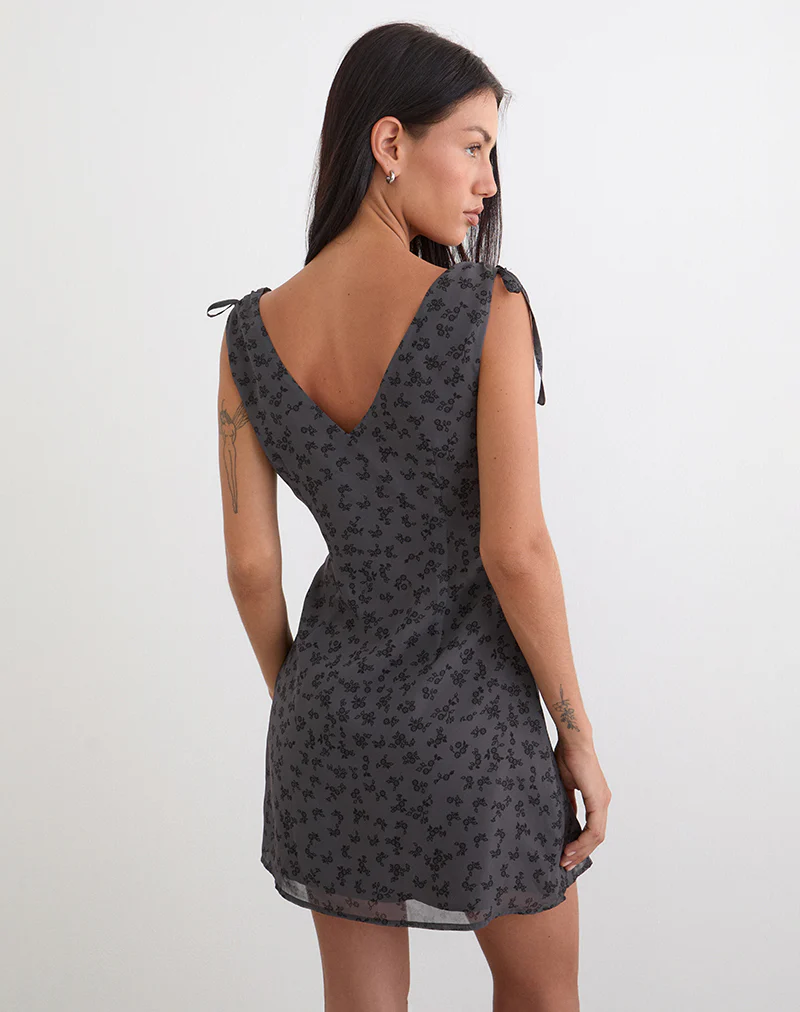 Carmila Gathered Mini Dress in Minimal Flower Dark Grey - Image 3