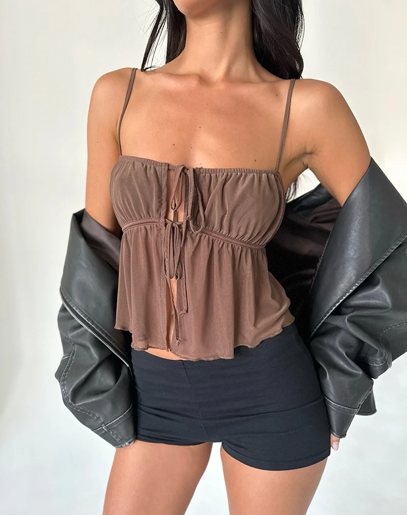 Carmina Tie Front Cami Top in Mesh Brown - Image 3