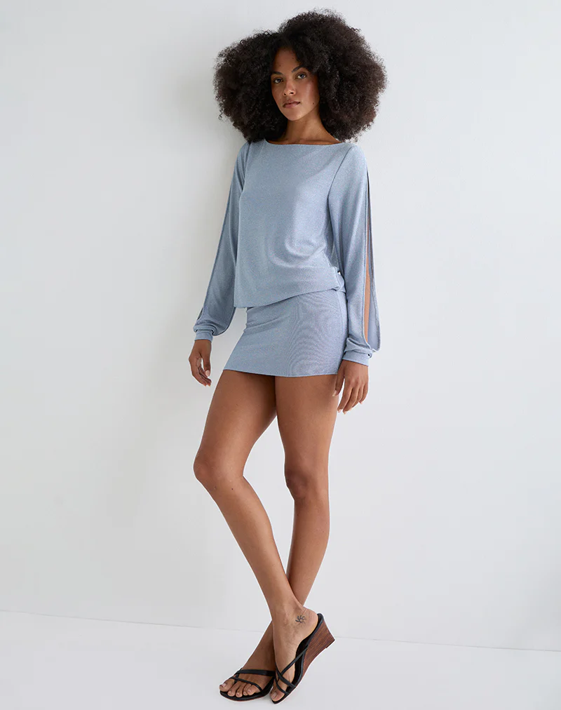 Carola Cut Out Arms Mini Dress in Shimmer Blue - Image 2