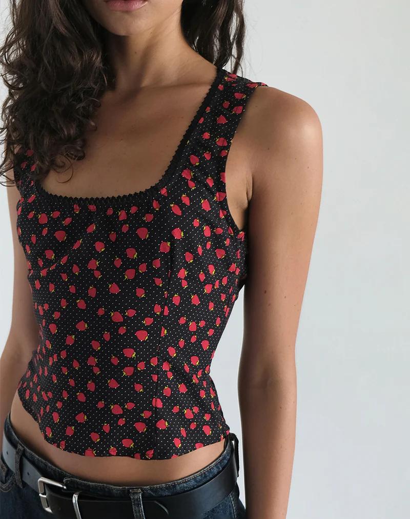 Carys Vest Top in Strawberry Polka Black - Image 2