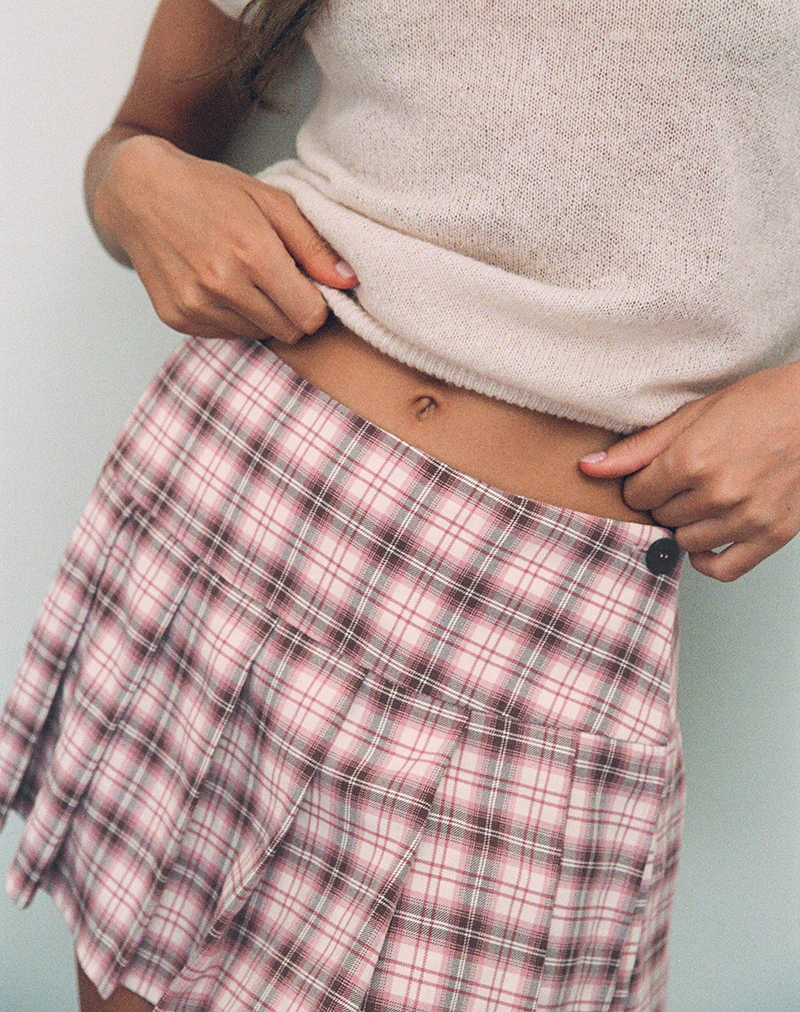 Casini Mini Pleated Micro Skirt in Pink Check - Image 4