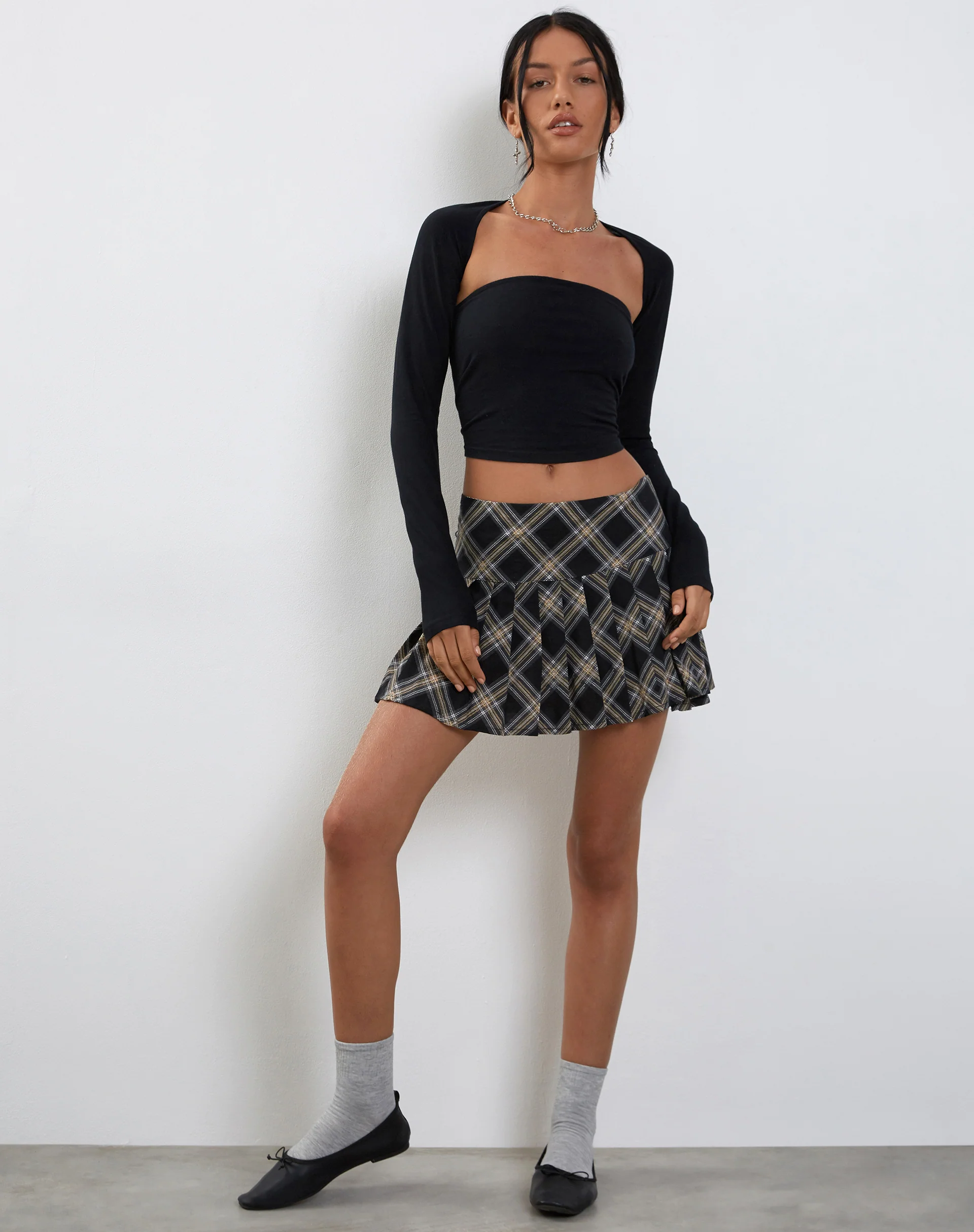 Casini Pleated Micro Skirt in Black and Grey Check - Image 2