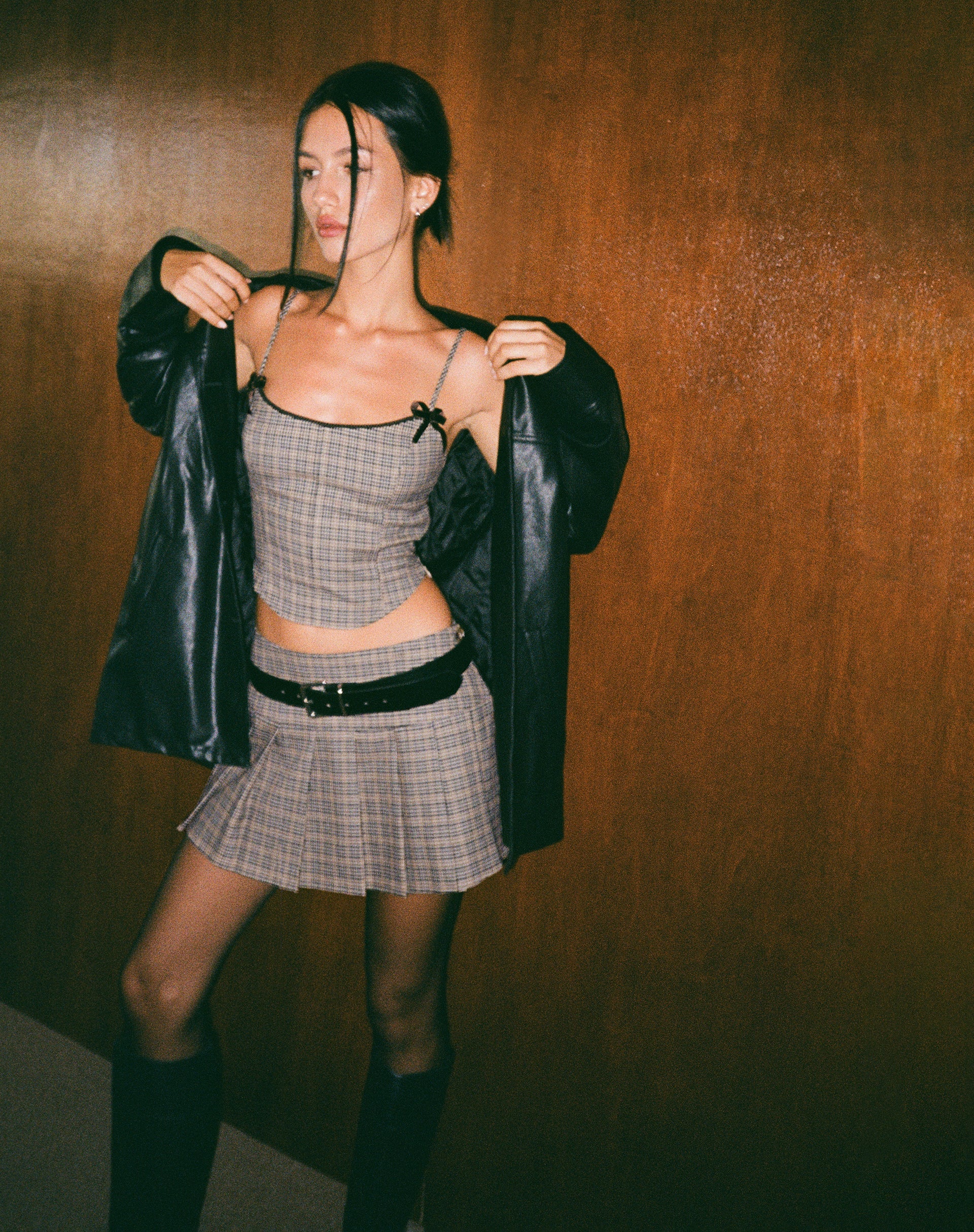 Casini Pleated Micro Skirt in Micro Check Brown - Image 2
