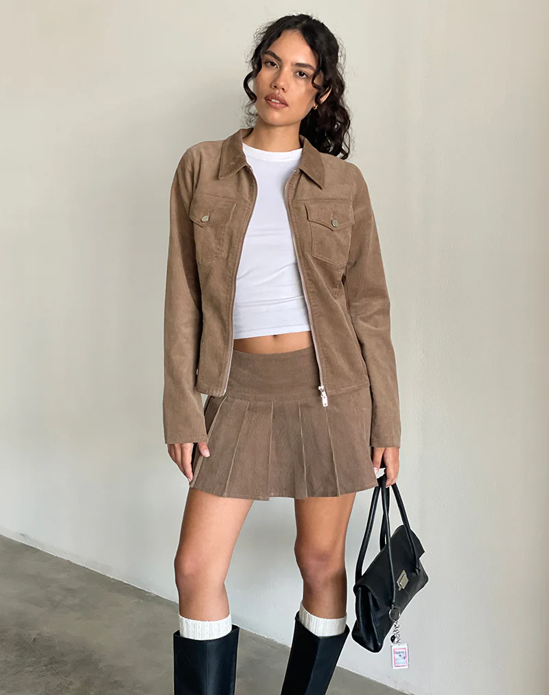 Casna Pleated Mini Skirt in Baby Cord Walnut Brown - Image 3