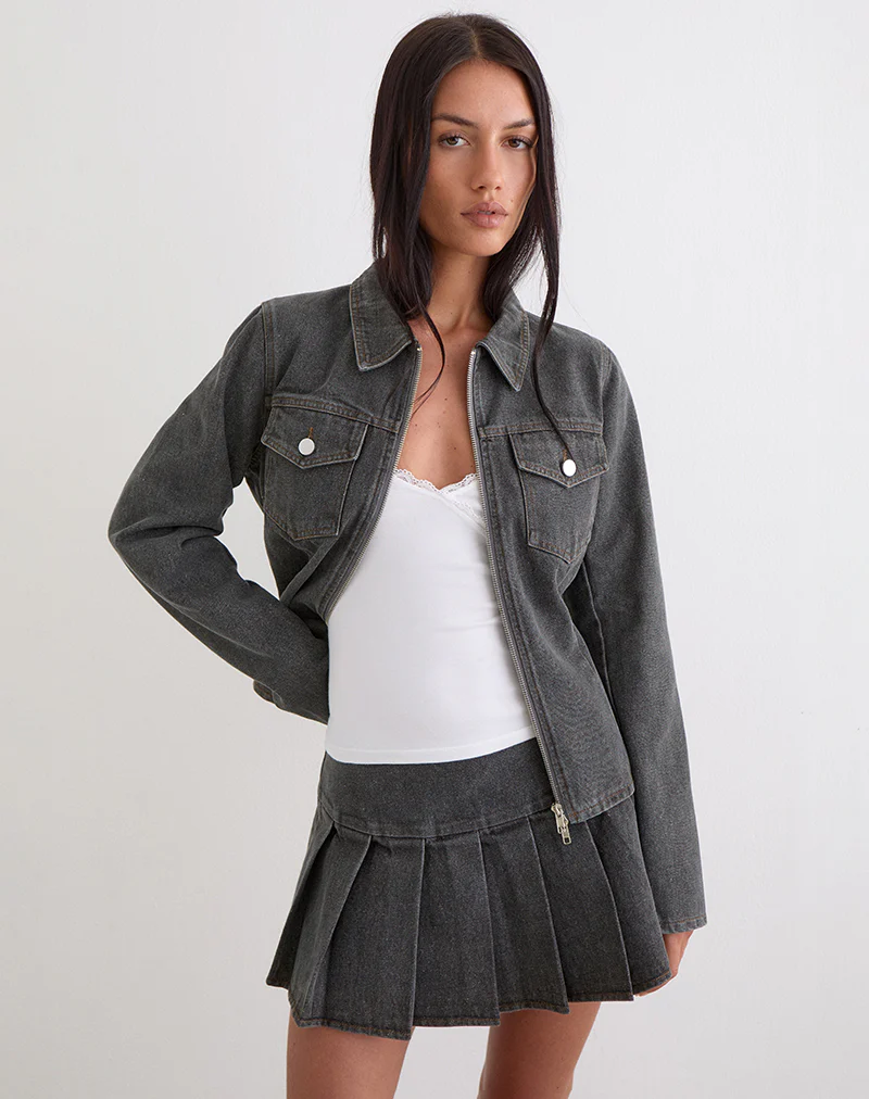 Casna Pleated Mini Skirt in Denim Grey Wash - Image 3
