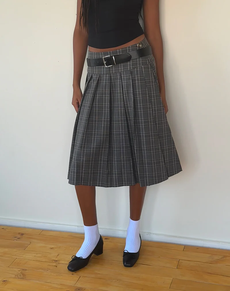 Catelyn Wrap Pleated Midi Skirt in Grey Check - Image 3