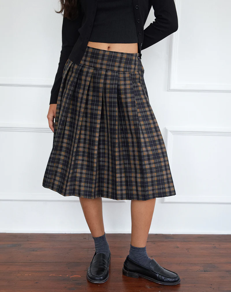 Catelyn Pleated Midi Skirt in Navy Mustard Check - Image 2