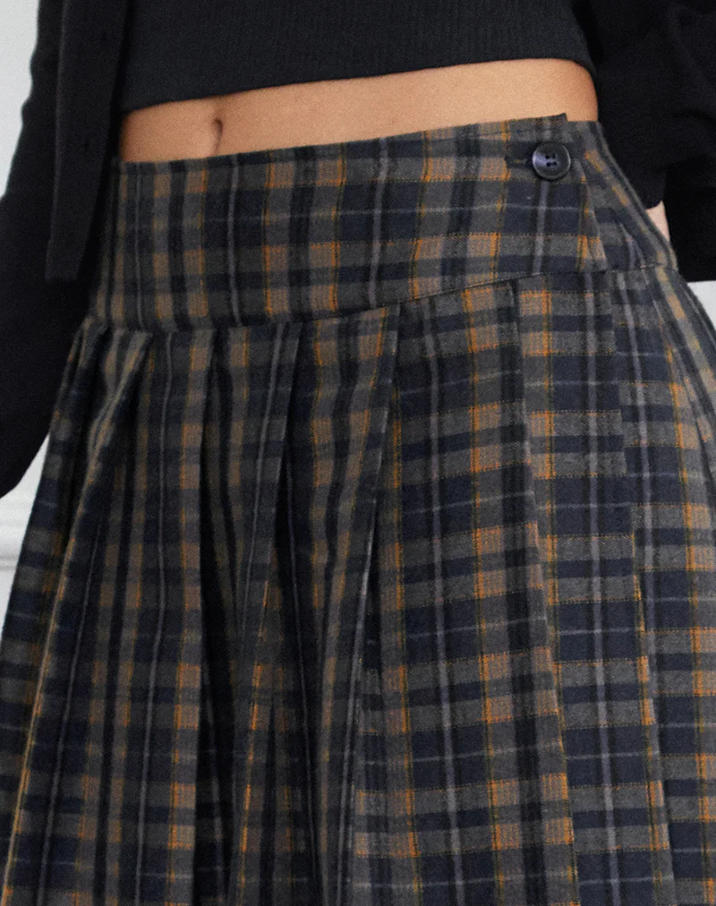 Catelyn Pleated Midi Skirt in Navy Mustard Check - Image 5