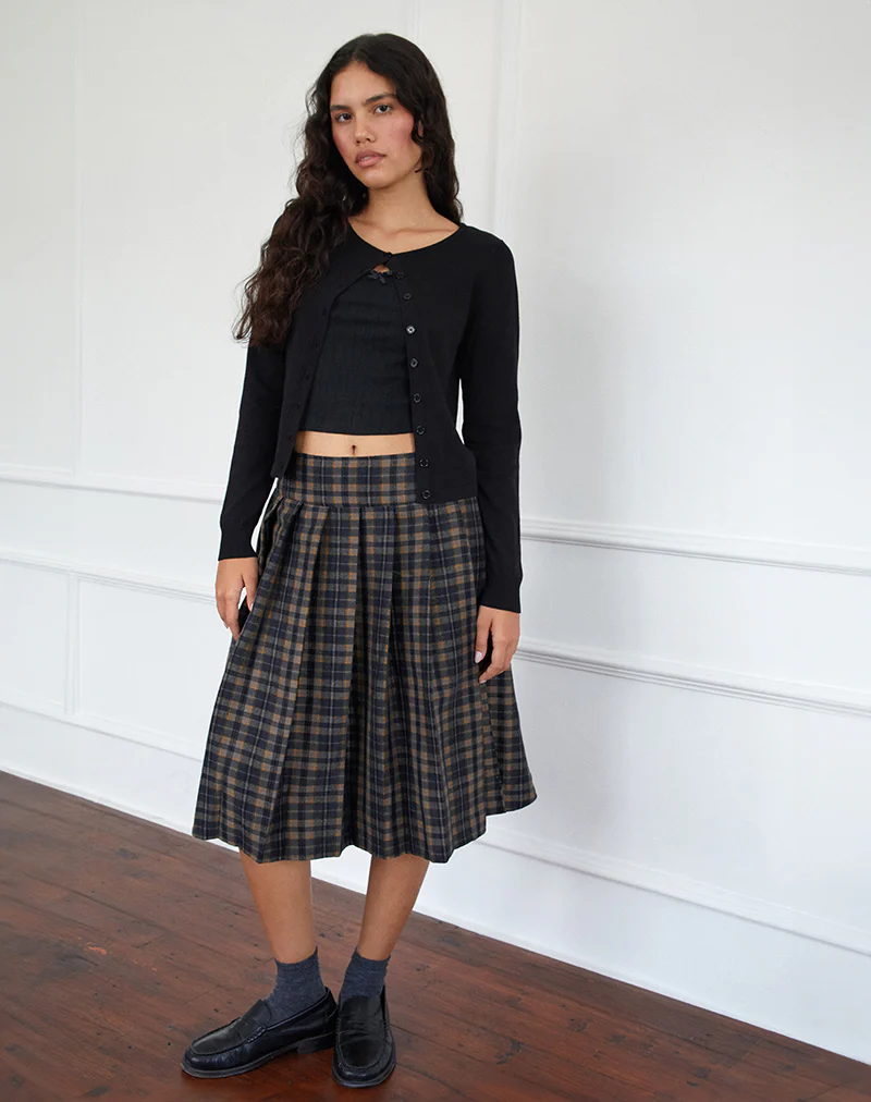 Catelyn Pleated Midi Skirt in Navy Mustard Check - Image 6