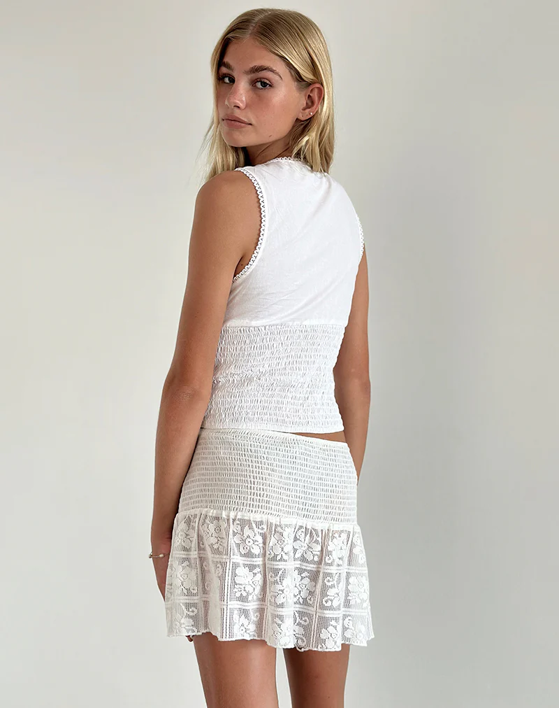Cathyna Crochet Shirred Mini Skirt in Poplin White - Image 2