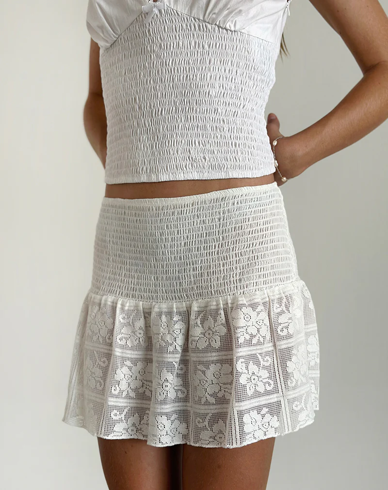 Cathyna Crochet Shirred Mini Skirt in Poplin White - Image 4