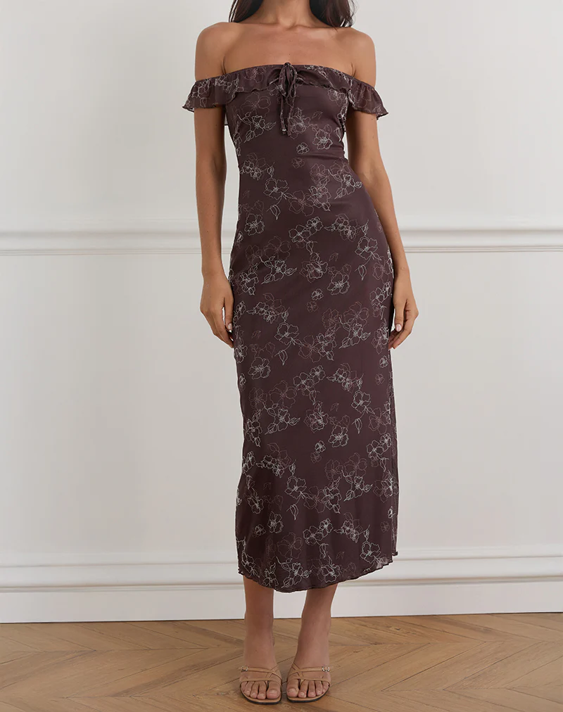 Catrin Midi Dress in Doodle Flower Flock Brown - Image 2