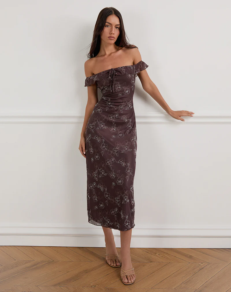 Catrin Midi Dress in Doodle Flower Flock Brown - Image 4