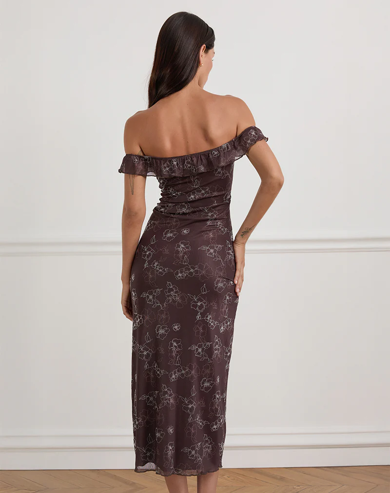 Catrin Midi Dress in Doodle Flower Flock Brown - Image 5