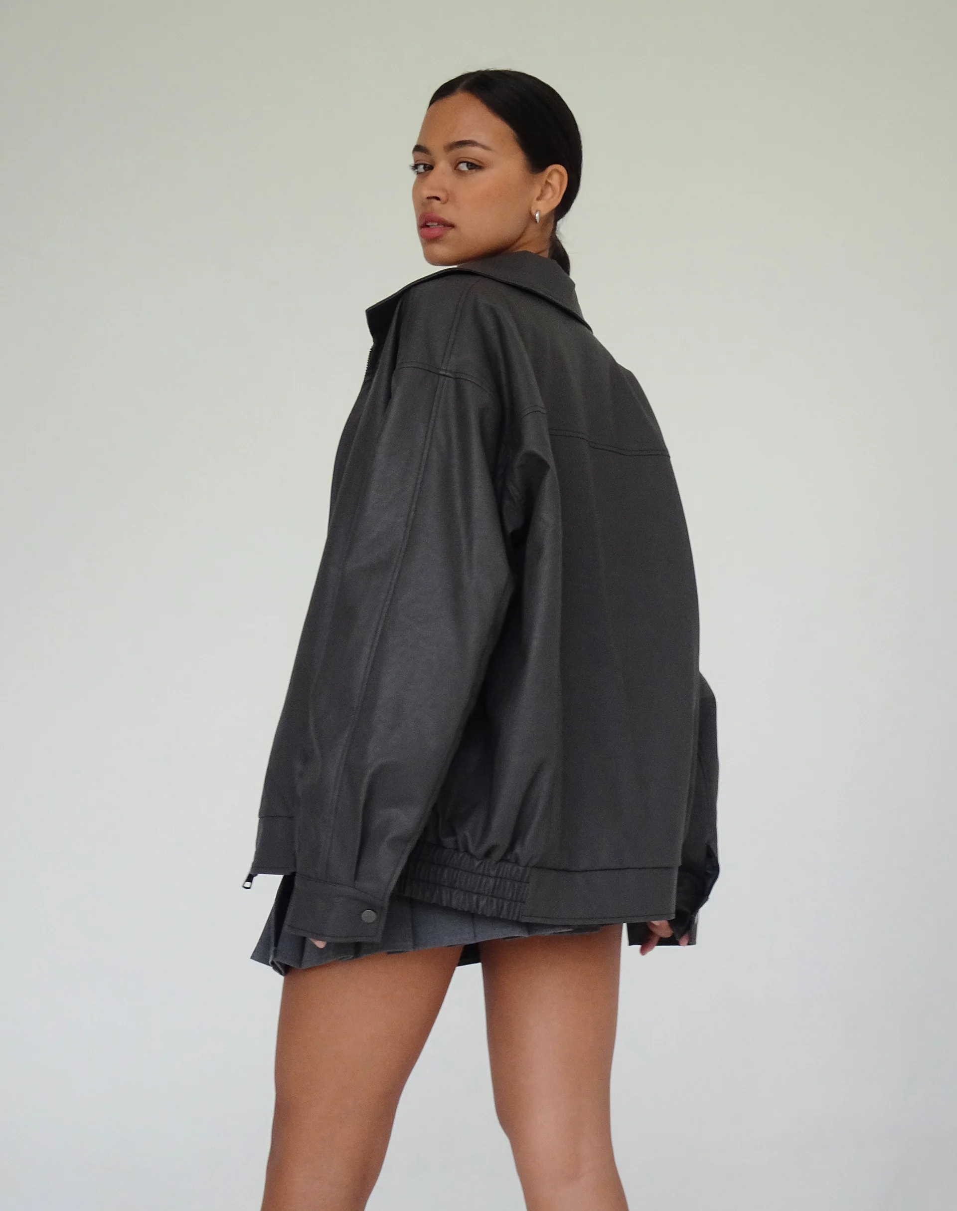 Cavita PU Jacket in Grey with Black Top Stitch - Image 4