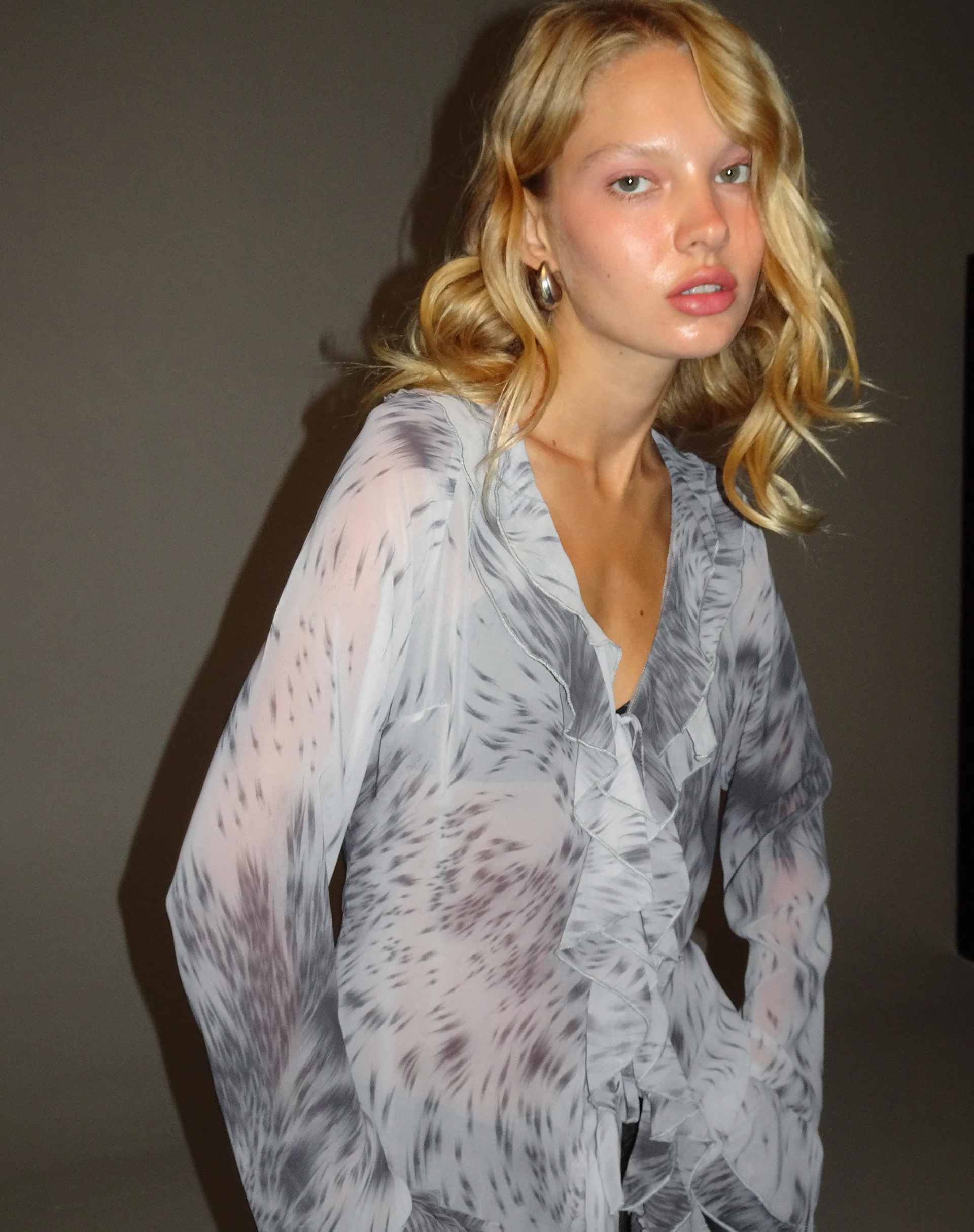 Cecelia Ruffle Detail Blouse in Distorted Animal Print - Image 5