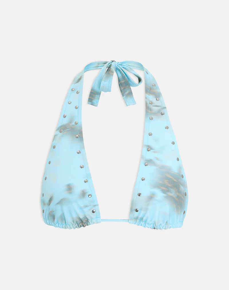 Cerry Bikini Top in Blurry Leafy Leopard Blue with Studs - Image 5