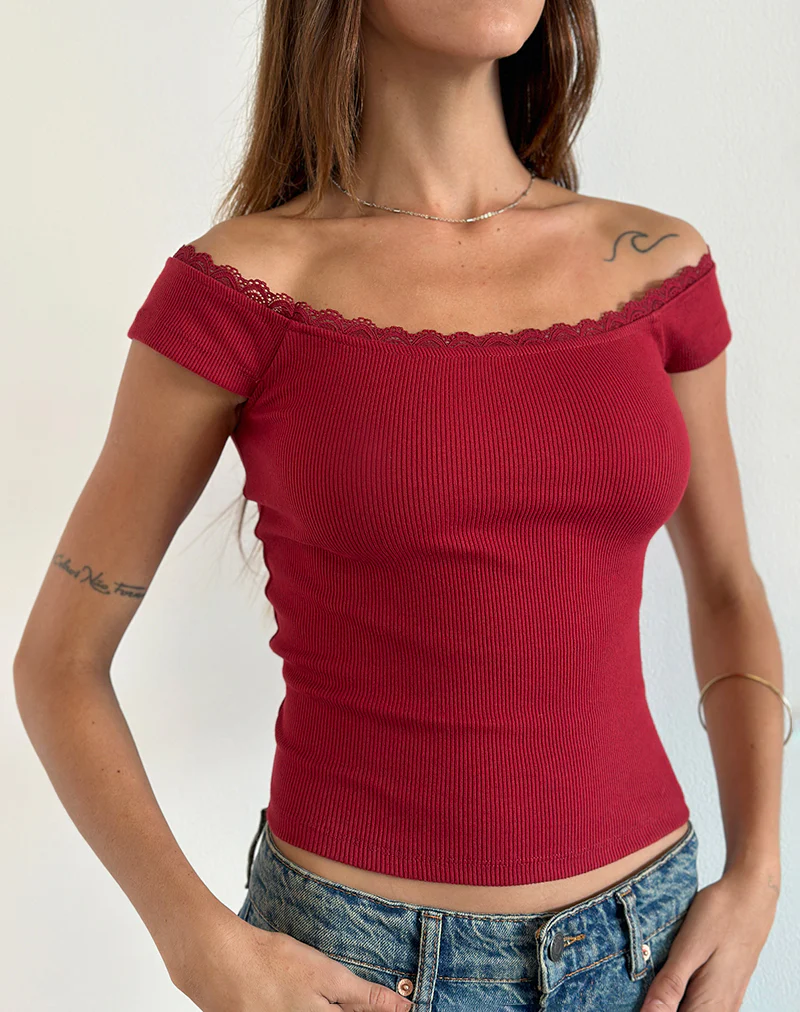 Chacha Ribbed Top in Adrenaline Red with Lace Trim - Image 2