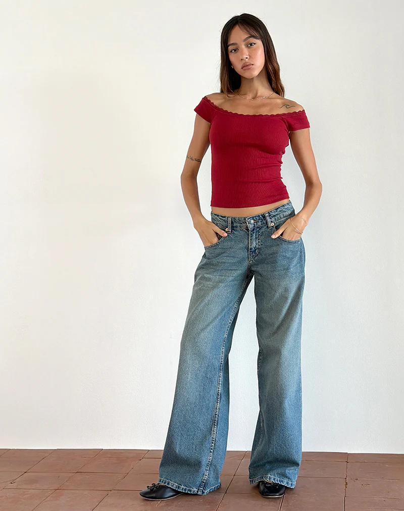 Chacha Ribbed Top in Adrenaline Red with Lace Trim - Image 4