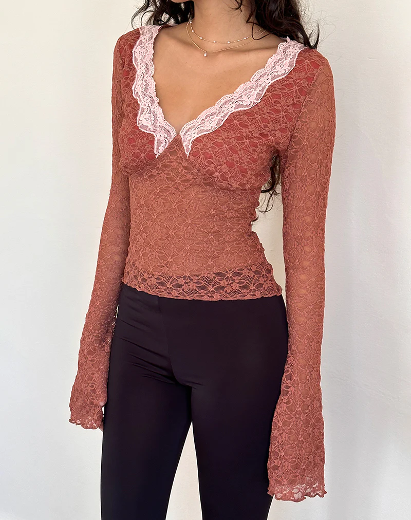 Chantal Long Sleeve Lace Top in Withered Rose - Image 2