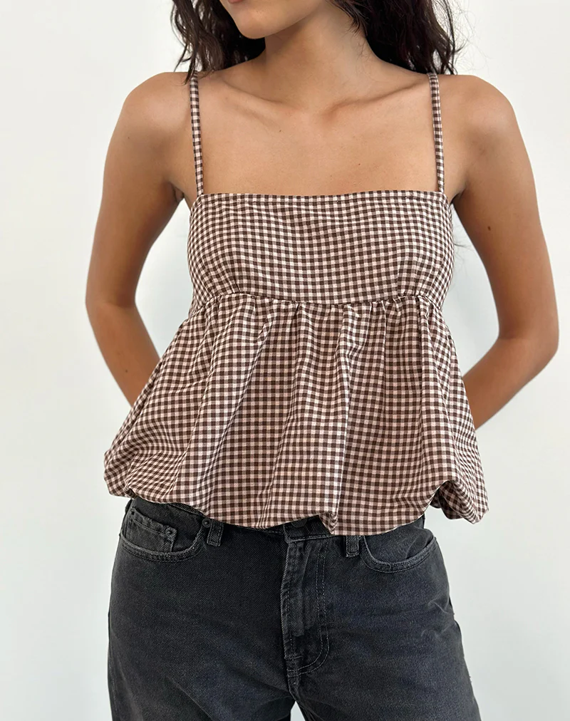 Charlita Frill Cami Top in Mini Gingham Brown - Image 4