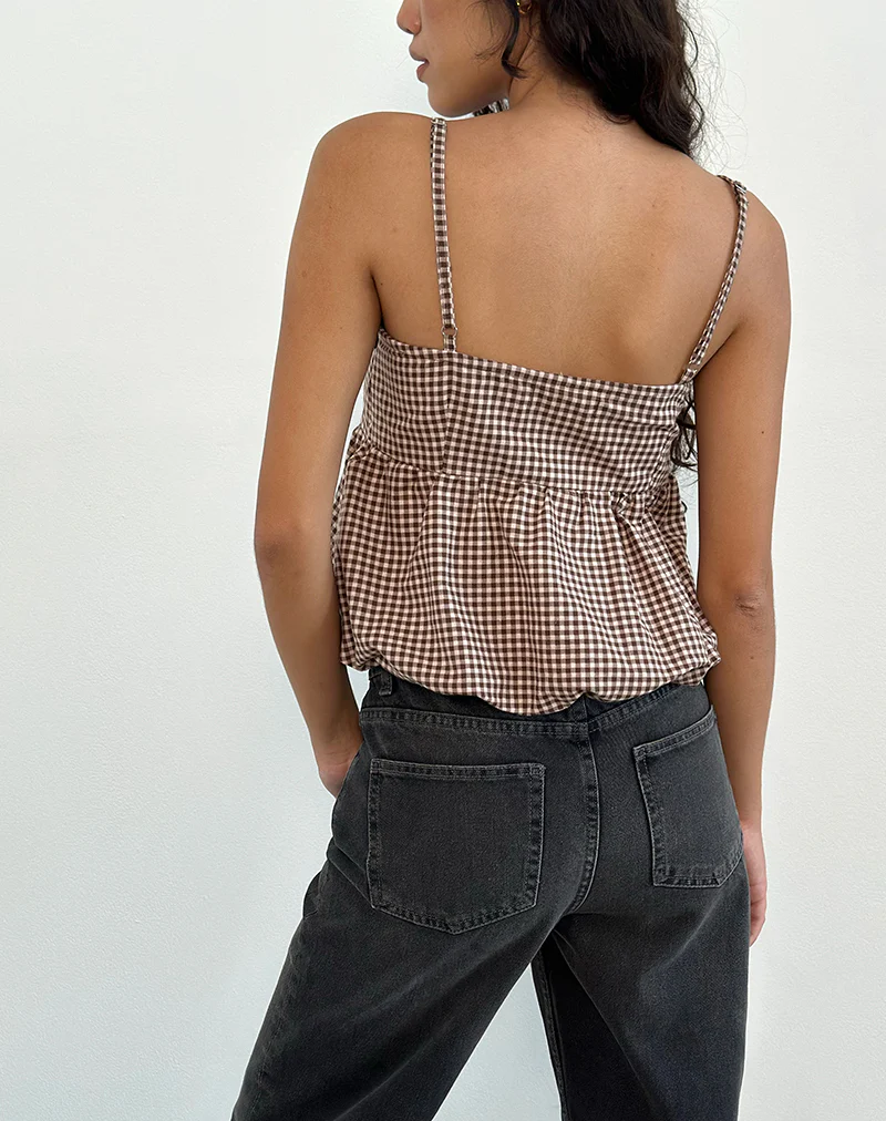 Charlita Frill Cami Top in Mini Gingham Brown - Image 5