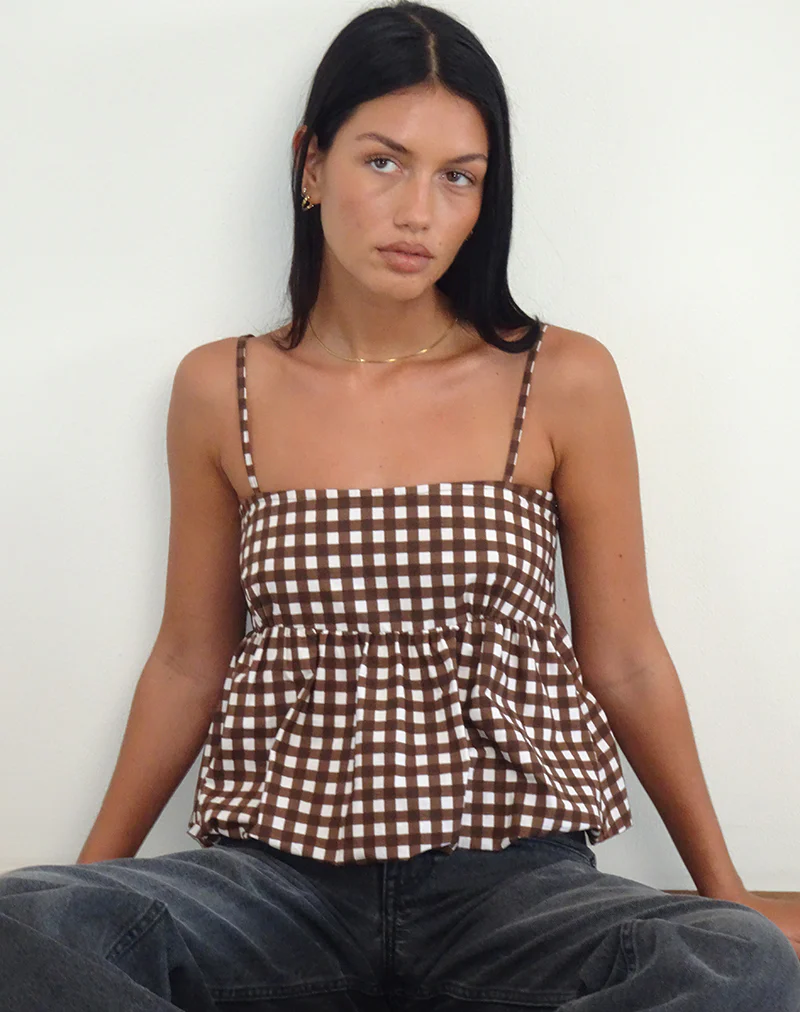 Charlita Frill Cami Top in Tonal Gingham Brown - Image 2