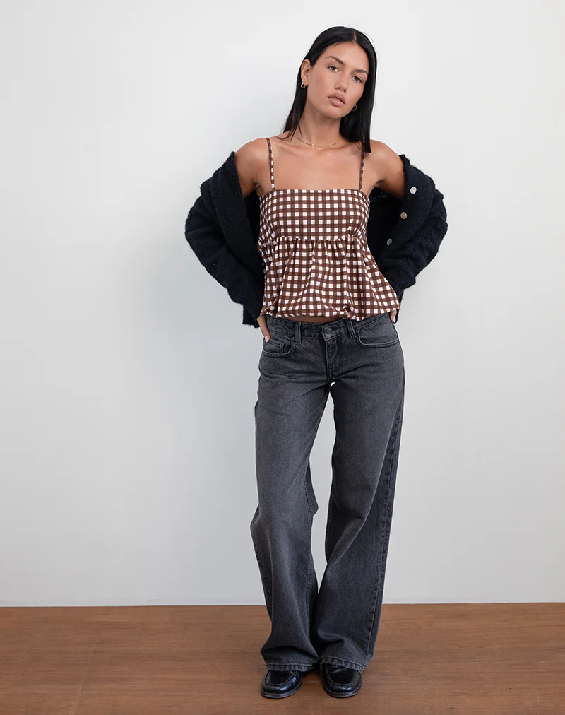 Charlita Frill Cami Top in Tonal Gingham Brown - Image 5