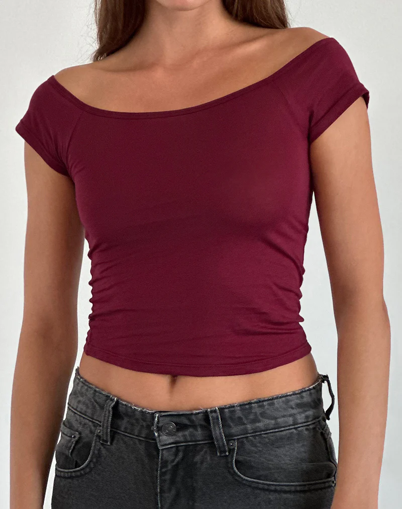 Charya Off Shoulder Top in Burgundy - Image 3