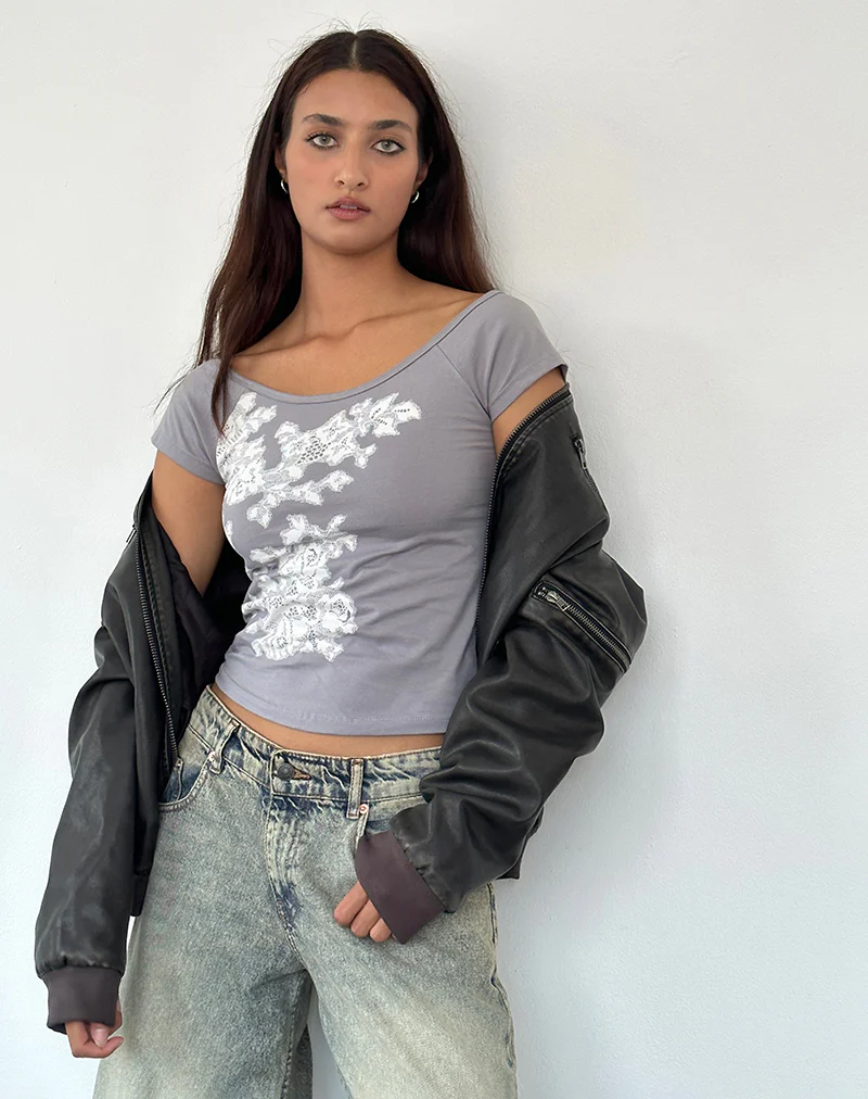 Charya Off the Shoulder Top in Grey Floral Lace - Image 2