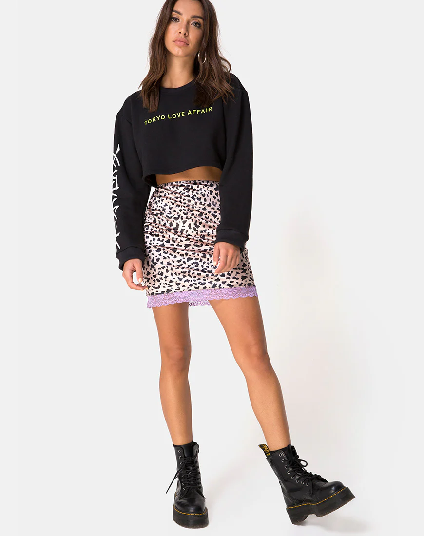 Cherry Skirt in Animal Satin with Lilac Lace - Image 3