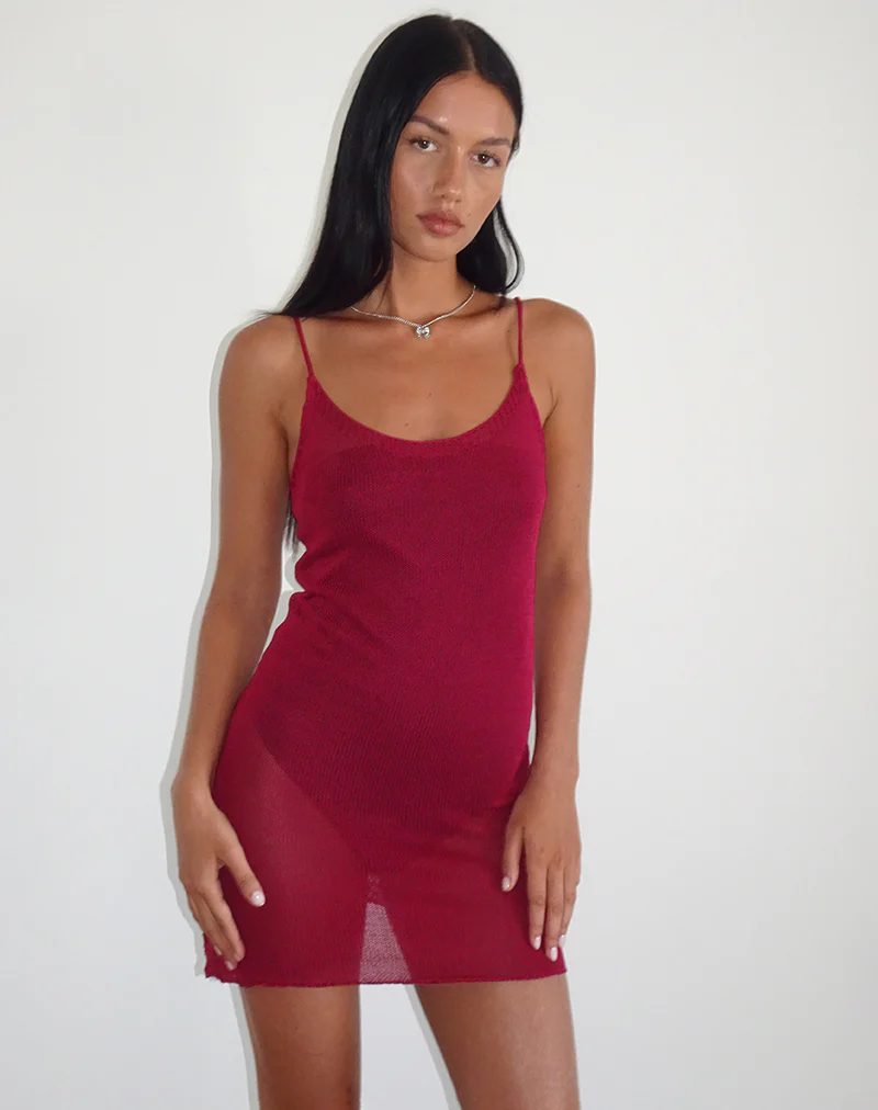 Chiara Mini Dress in Sheer Knit Red - Image 4