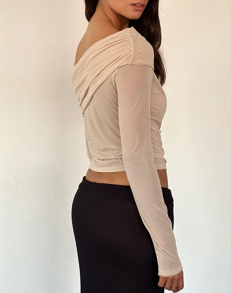 Chidi Sheer Mesh Bardot Top in Camel - Image 2