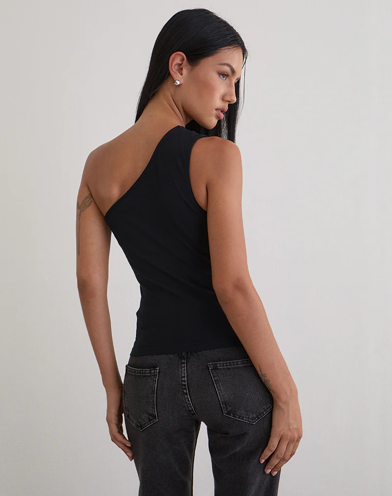 Chivago Cross Lace Up One Shoulder Top in Jersey Black - Image 5