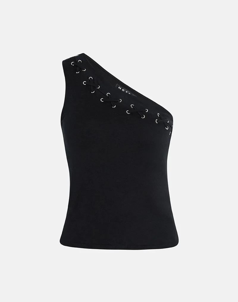 Chivago Cross Lace Up One Shoulder Top in Jersey Black - Image 6