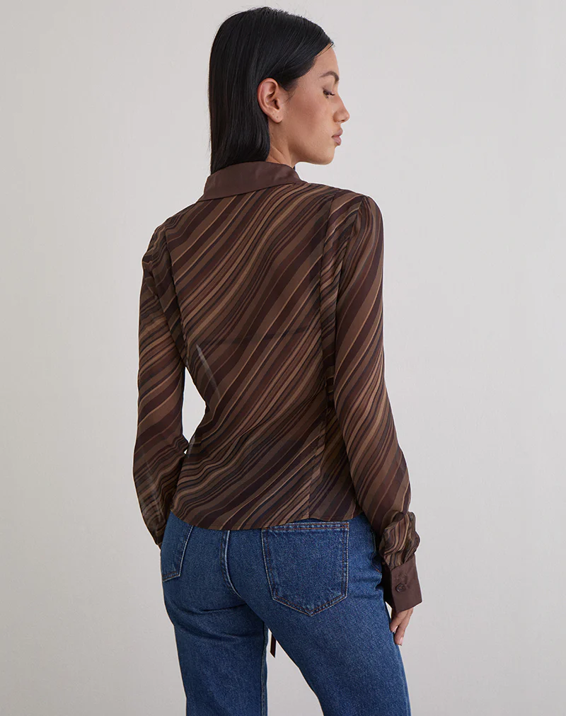 Christabel Shirt in Chiffon Mix Brown Stripe - Image 3