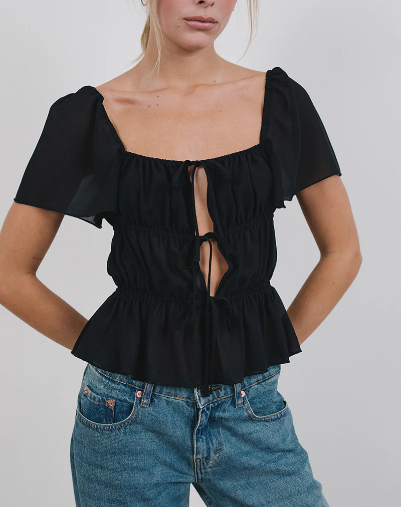 Cintan Tie Front Top in Black - Image 3