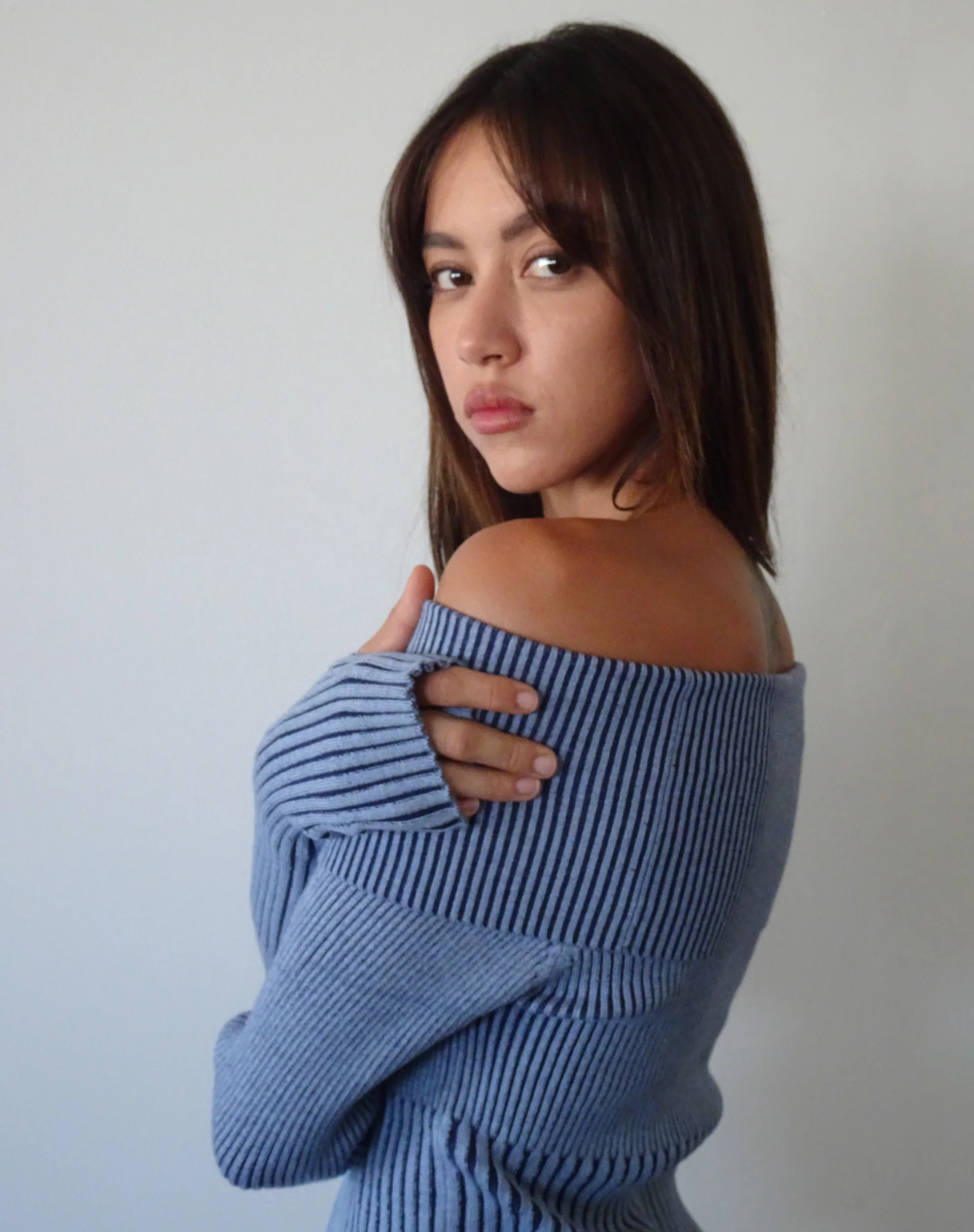 Circe Knitted Bardot Jumper in Two Tone Blue - Image 2