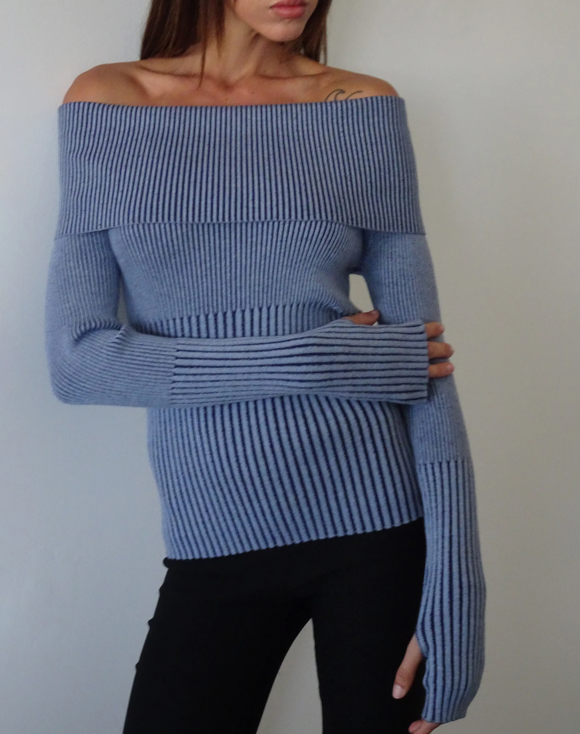 Circe Knitted Bardot Jumper in Two Tone Blue - Image 3