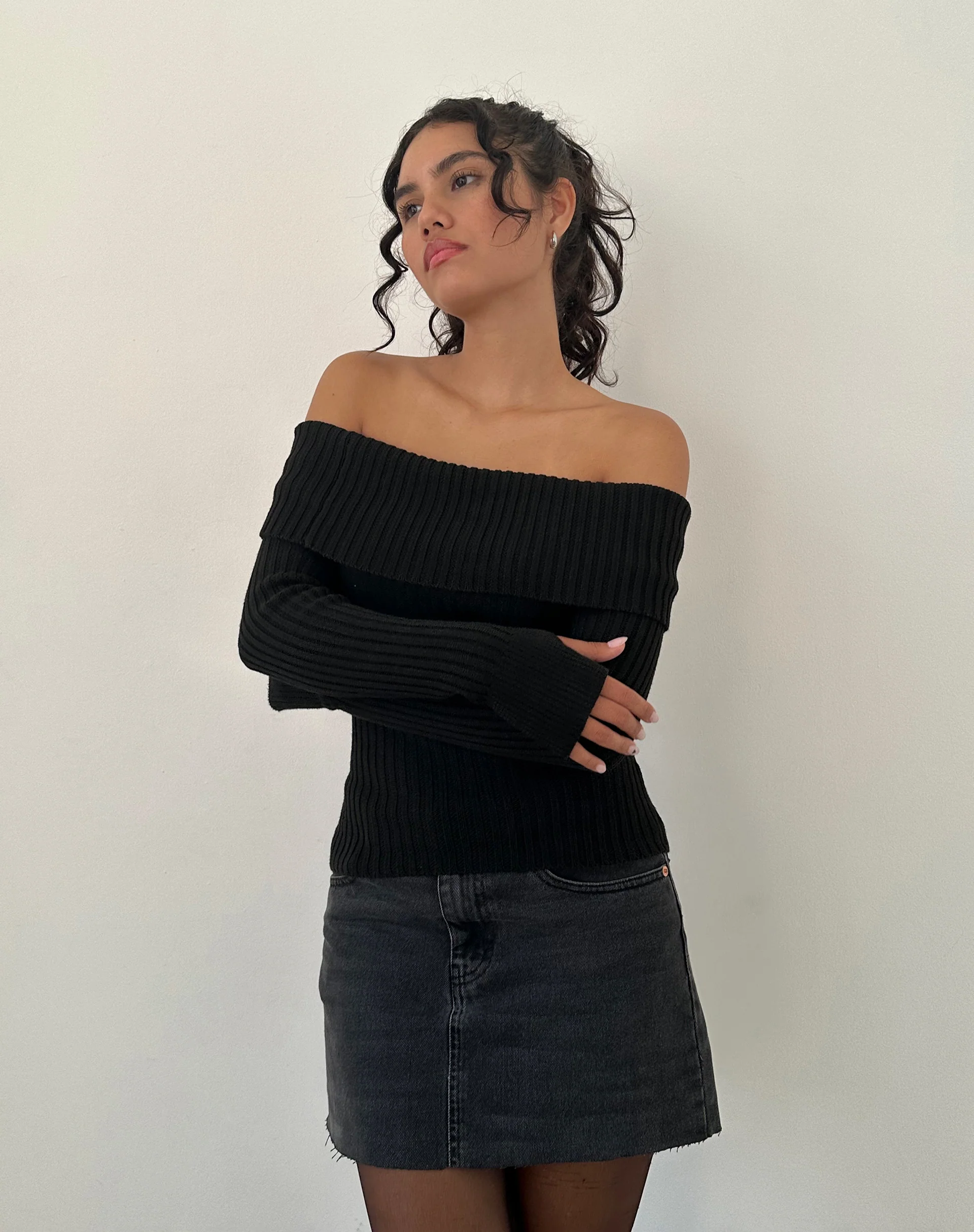 Circe Off-Shoulder Long Sleeve Knit Top in Black - Image 4