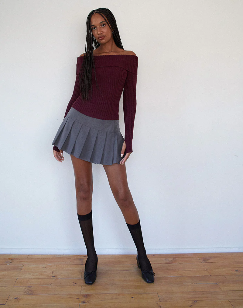 Circe Knitted Bardot Jumper in Burgundy - Image 2