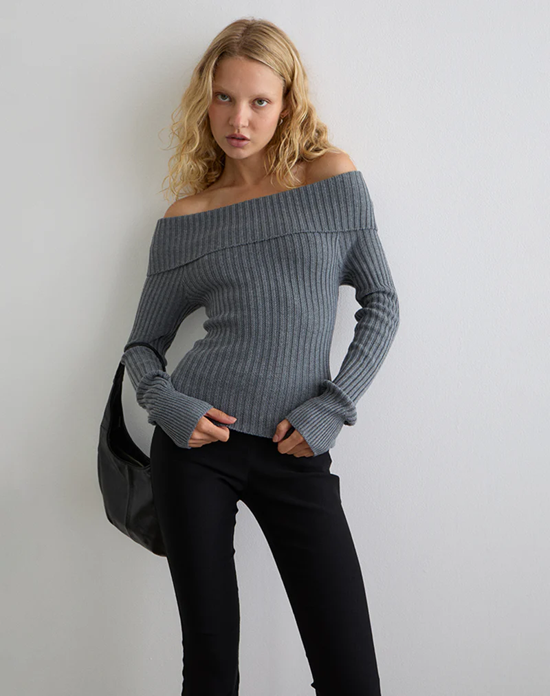 Circe Knitted Bardot Top in Grey - Image 3