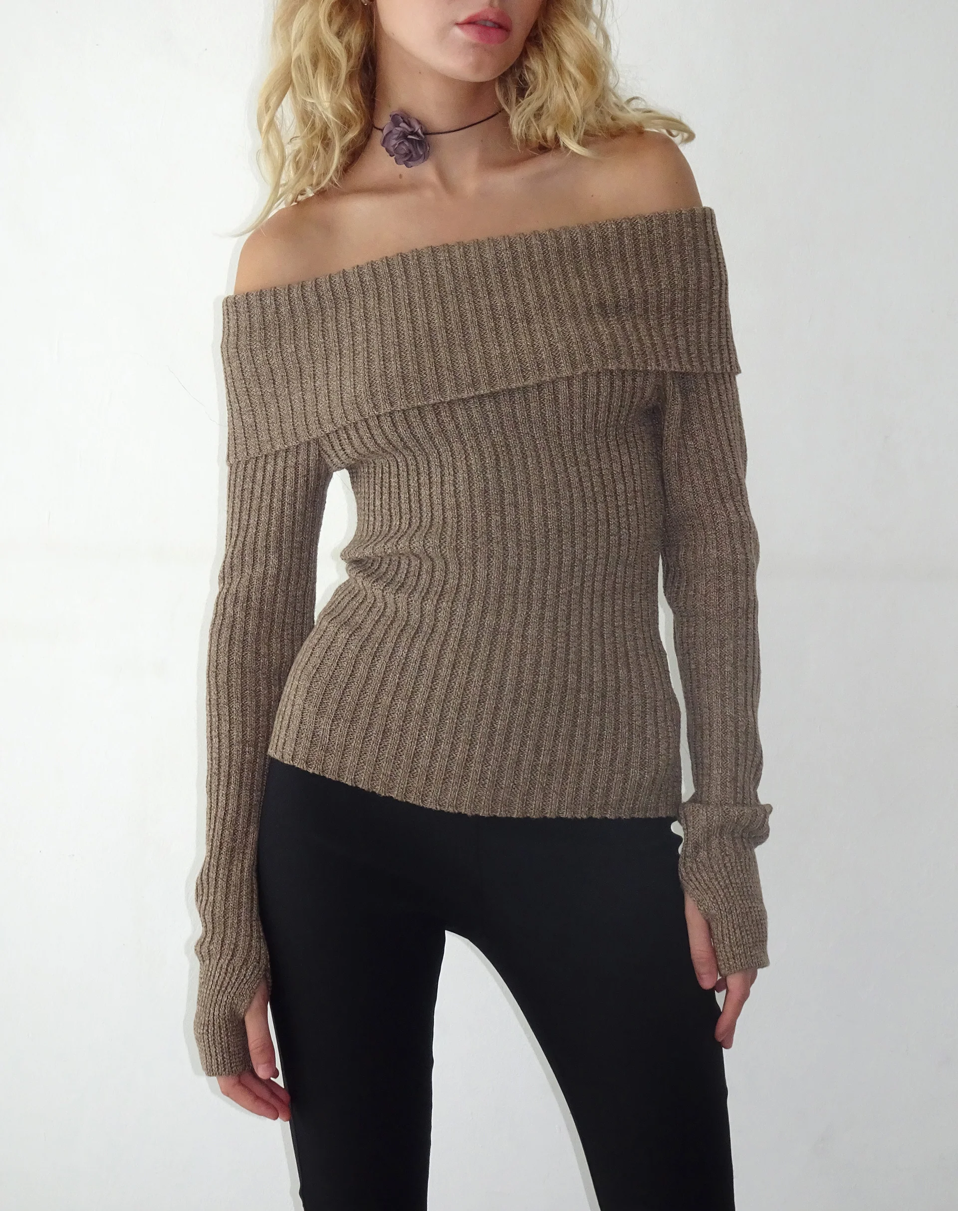 Circe Off-Shoulder Long Sleeve Knit Top in Yarn Brown - Image 3