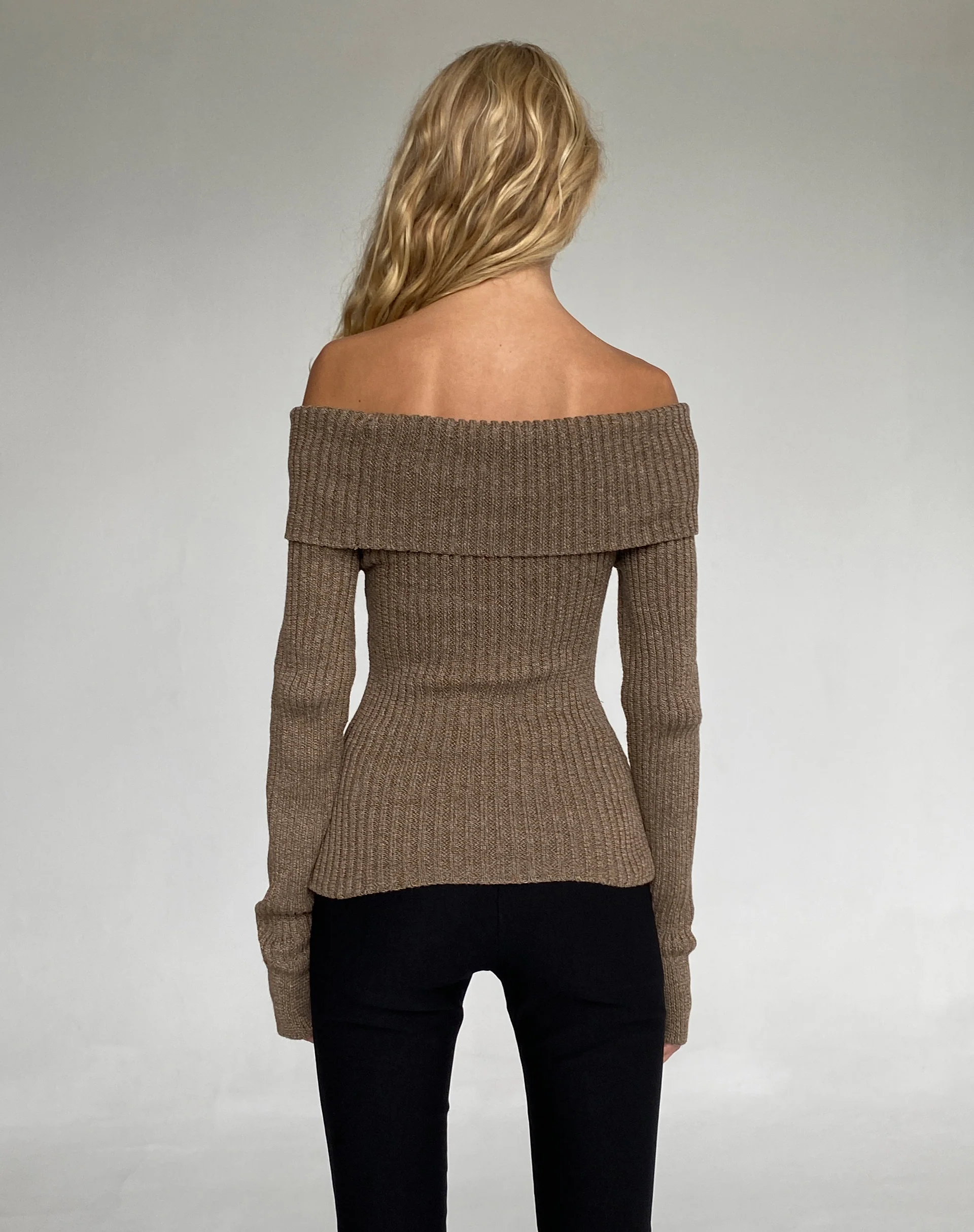 Circe Off-Shoulder Long Sleeve Knit Top in Yarn Brown - Image 4