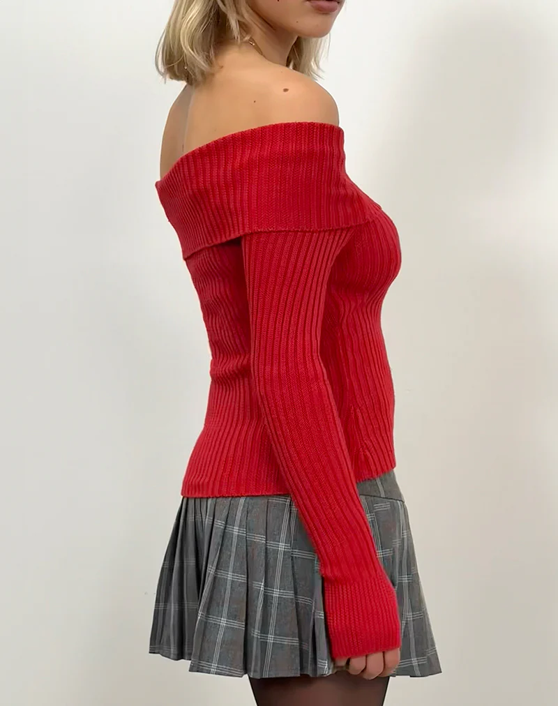 Circe Off-Shoulder Long Sleeve Knit Top in Red - Image 3